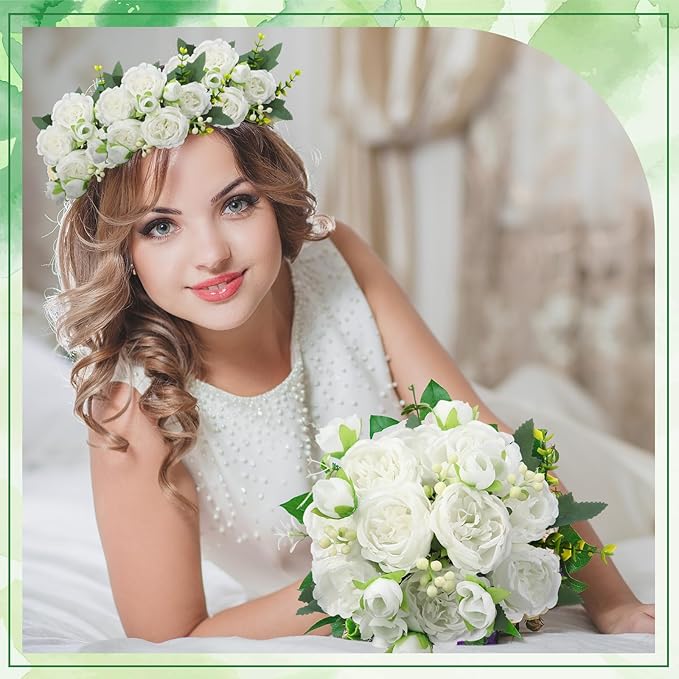 Geosar 2 Bundles Artificial Peonies Flowers Fake Silk Peony Bouquet Faux Peonies Flowers Bulk for Decoration Vase Florals Arrangements Wedding Party Table (White)