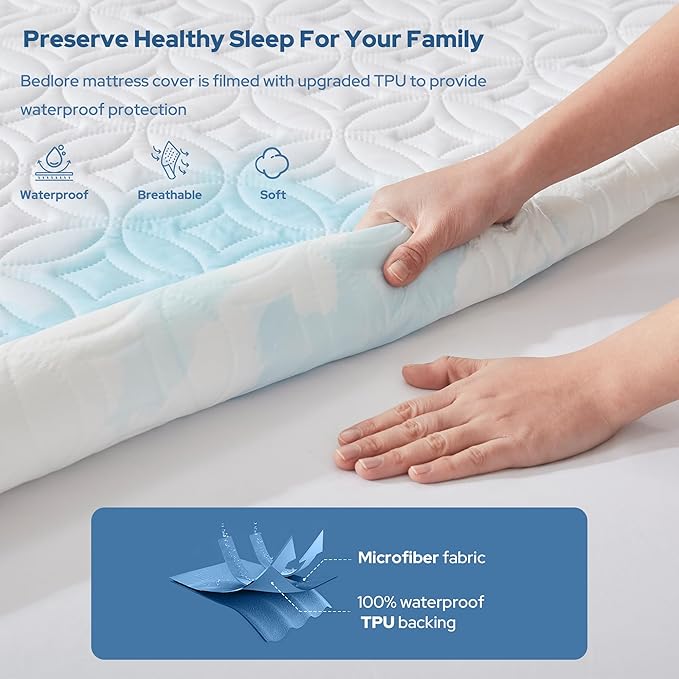 BEDLORE Waterproof Mattress Protector, Twin XL Size Mattress Pad with Deep Pocket 6"-15" Depth, Soft Breathable Bed Mattress Cover for Bedroom, College Dorm (White)