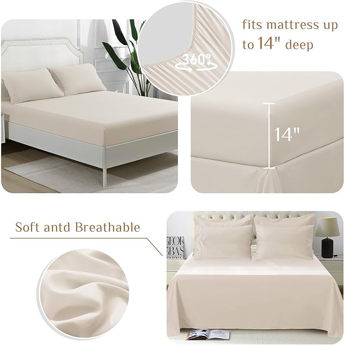 JOLLYVOGUE Oversized King Comforter Set, Ultra-Soft Bed in a Bag Oversized King Size 7 Pieces, Oeko-TEX Certified Bedding Set with Down Alternative Comforter, Sheets, Pillowcases & Shams, Beige