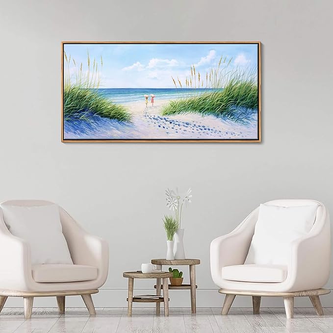 Coastal Wall Art - Large Landscape Wall Art for Living Room, Bedroom Pictures, Ocean Beach Artwork, Blue painting, Above Bed Decor, Coastal Landscape Wall Decor,Framed Beach Pinting 24×48IN