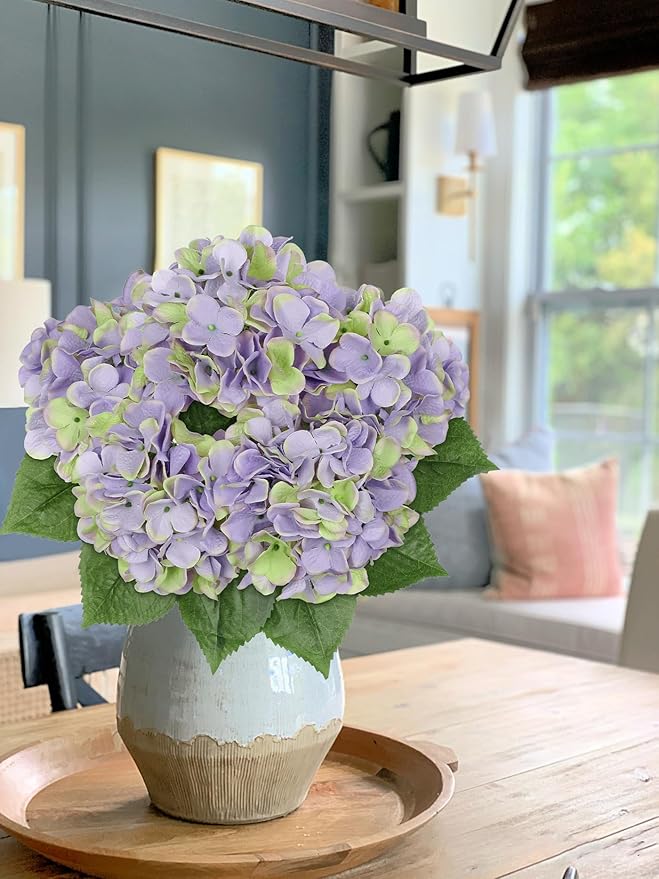 Green Purple Hydrangea Artificial Flowers Large Artificial Hydrangeas Silk Flowers for Home Decor Indoor Wedding Flowers Bouquets Faux Flowers Kitchen Centerpiece Table Decorations