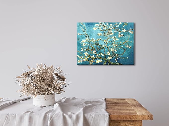 Wieco Art Almond Blossom Modern Framed Floral Giclee Canvas Prints By Van Gogh Famous Oil Paintings Reproduction Flowers Pictures on Canvas Wall Art Ready to Hang for Bedroom Home Decorations
