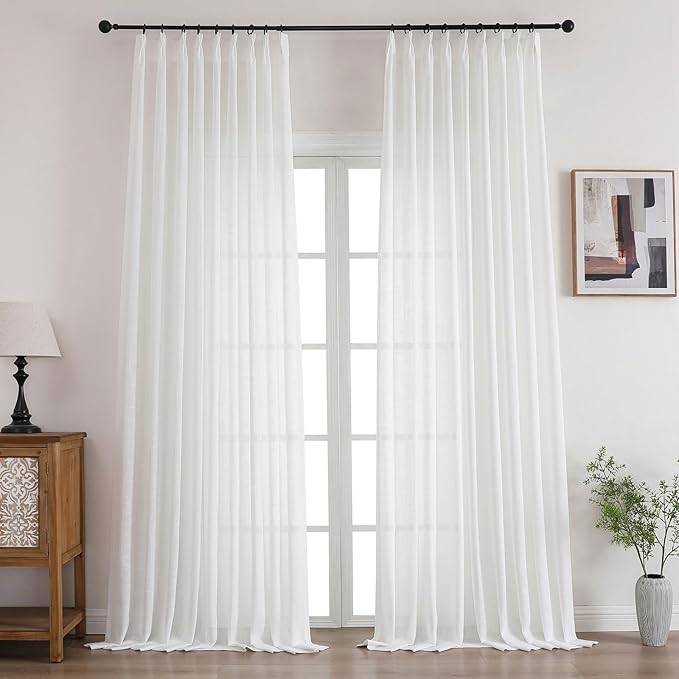 Off White Semi Sheer Pinch Pleated Curtains 90 Inches Long 2 Panels, 50 Inches Width, Rustic Linen Look Light Filtering Drapes, Modern Farmhouse Window Curtain with Hooks