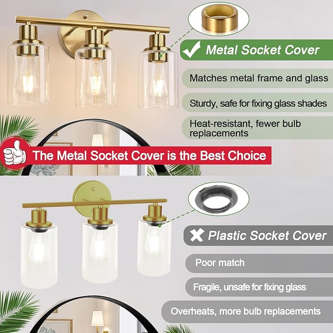 3-Light Gold Bathroom Light Fixtures, Modern Bathroom Vanity Light with Clear Glass Shade, Brushed Gold Bath Wall Mount Lights, Wall Lamp for Mirror Kitchen Bedroom Hallway Living Room Hallway