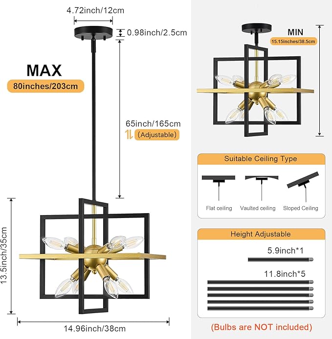 Small Modern Lantern Chandeliers, Geometric Black Gold Pendant Light Fixture, 8-Light Industrial Hanging Chandelier for Dining Room, Kitchen, Bedroom, Foyer, Entryway-UL Listed