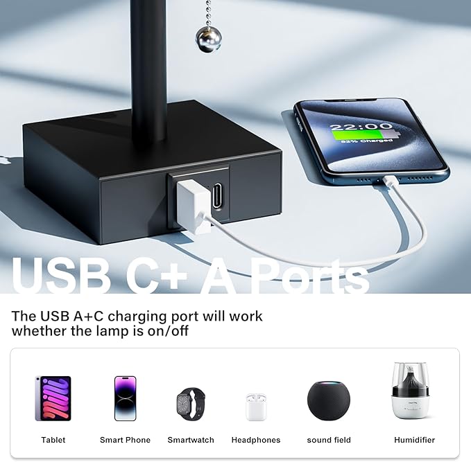 Bedside Lamps for Bedroom Set of 2 - Small Rectangular Nightstand Lamp with USB A C Charging Port, 3 Color Temperatures Desk Light with Bulb, Tabletop Reading Lamp for Living Room/Dorm/Office