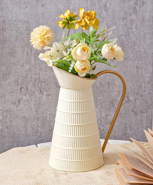 Elegant Cream/White Metal Pitcher Vase, Farmhouse Galvanized Flower Vase, Rustic Decorative Milk Jug for Home Decor, 10.8''H