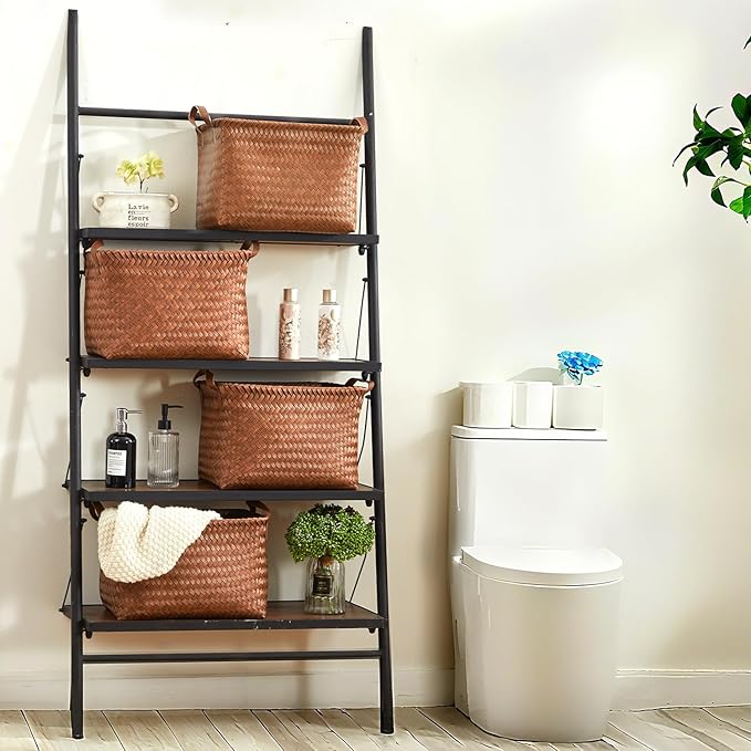 15L Laundry Baskets Waterproof Storage Baskets For Shelves Large Laundry Hamper With Leather Handle -set of 4 Cube Organizers Woven Bins for Bathroom,Bedroom,Pantry,Clothes,Car & Towels-Brown