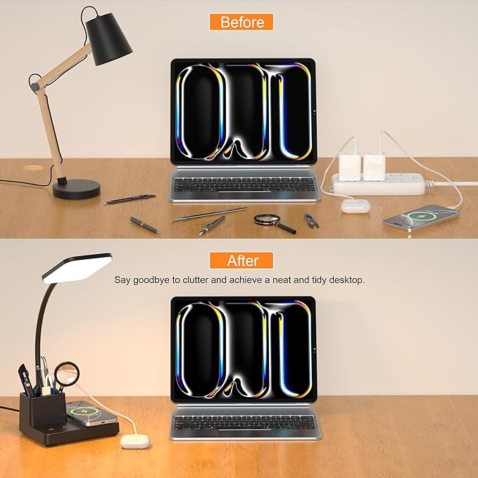 Sailstar Desk Lamp, Table Lamp with Wireless Charger & USB Port, 800LM CRI95 3 Color Modes Dimmable Touch 360°Gooseneck Pen Holder, LED Desk Lamps for Home Office, College Dorm Room, Adapter Included