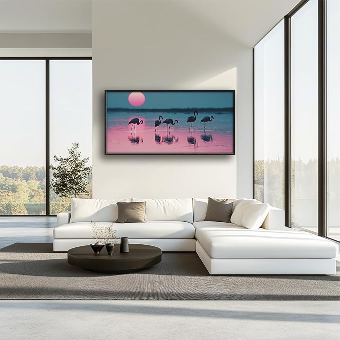 Olivine Flamingo Wall Art, Sunset Pictures Wall Decor, Beach Painting, Tropical Animal Canvas Prints, Framed Artwork for Bathroom Bedroom Living Room Office Home Decoration 60"x30"