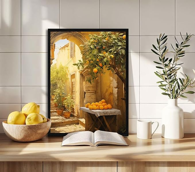 3 Pcs Vintage Citrus Wall Art Country Farmhouse Scenery Canvas Wrap Gallery Poster Artwork Mediterranean Style Pictures for Living Room Kitchen Bedroom Farmhouse or Dining Room 16x24 Inch