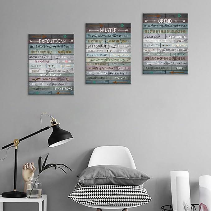 Inspirational Canvas Wall Art Poster Print Grind Execution Hustle Motivational Entrepreneur Quotes Picture Painting Artwork for Modern Home Bathroom Wall Decor Stretched and Framed [36''W x 16''H]