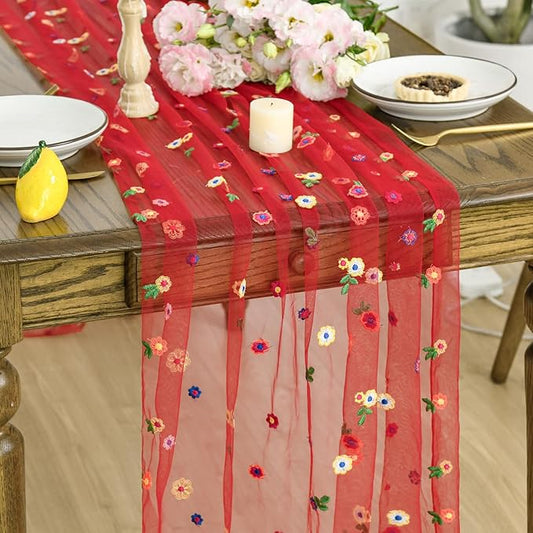 Artoid Mode 3PCS Red Embroidery Daisy Gauze Table Runner 120 Inch 10FT, Seasonal Sheer Dining Holiday Wedding Birthday Table Decor for Home Party