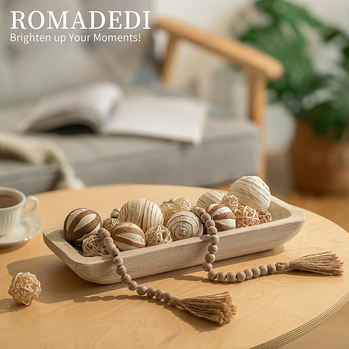 Romadedi Decorative Bowls for Home Decor - 16" Wooden Dough Bowl for Decor, Large Wood Bowl for Kitchen Table Centerpieces Long Narrow Wooden Tray for Dining Table Whitewashed
