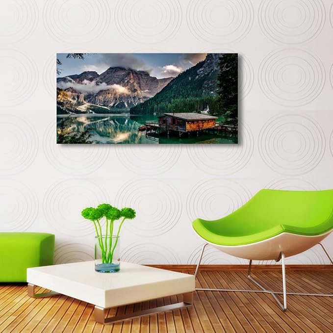 Green Lake Mountain Pictures Canvas Wall Art for Living room Bedroom Wall Decor, Mountain Wall Art Print Paitnings for home Decor,Morden Artwork House in the lake Landscape Canvas Art
