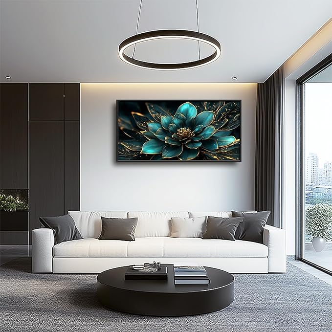 Framed Large Wall Art for Living Room, Teal Flower Canvas Wall Decor, Large Picture Framed Painting, Modern Artwork for Bedroom Office Home Decor 60L'' × 30W''