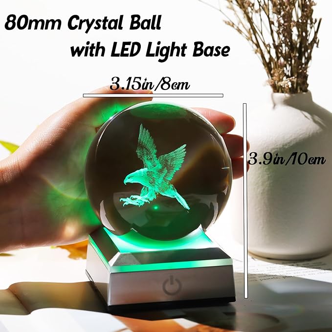 3.15"/ 8CM Crystal Ball 3D Engraved Eagle Gifts for Men Kids Glass Sphere with LED Colorful Base Ideas on Birthday Christmas Graduation for Him Home Decor Figurine
