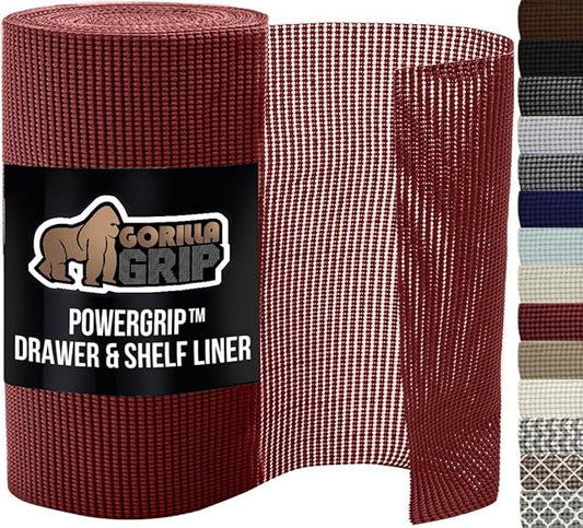 GORILLA GRIP powerGRIP Drawer Shelf and Cabinet Liner, Thick Strong Hold, Non-Adhesive Liners Protect Kitchen Cabinets and Cupboard, Bathroom Drawers, Easy Install, Breathable Mat, 12" x10', Red