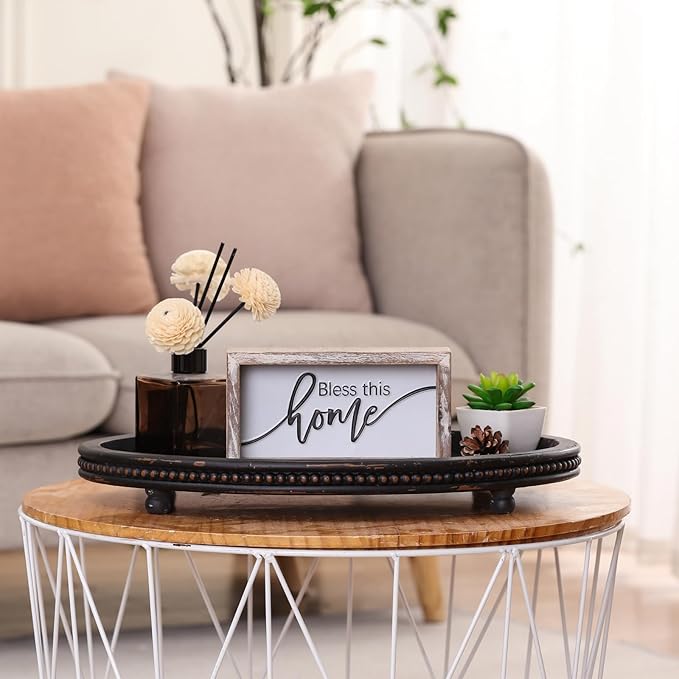 Oval Trays, Wooden Decorative Trays for Coffee Table, Small Beaded Decor in Black