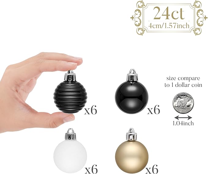 Valery Madelyn 1.57 Inches Small Christmas Tree Decorations Ornament Set for 4th of July Fall Halloween, 24ct Black White Gold Shatterproof Hanging Ball Ornaments Holiday Party Decor