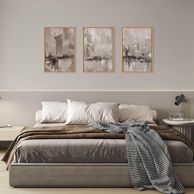 KAIRNE 3 Piece Abstract Neutral Gray & Beige Pastel Framed Canvas Wall Art Set - Minimalist Shapes, Modern Brush Stroke Design - Perfect for Living Room, Bedroom, Office Decor - 16"x24"
