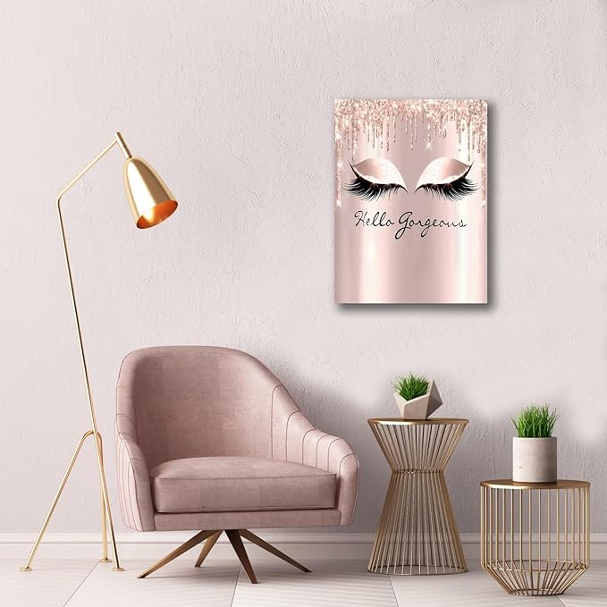Feminine Eyelash Canvas Wall Art 12x16 Inch - Hello Gorgeous Framed Decor for Bathroom, Bedroom, Home Office - Rose Gold Girly Aesthetic Ready to Hang