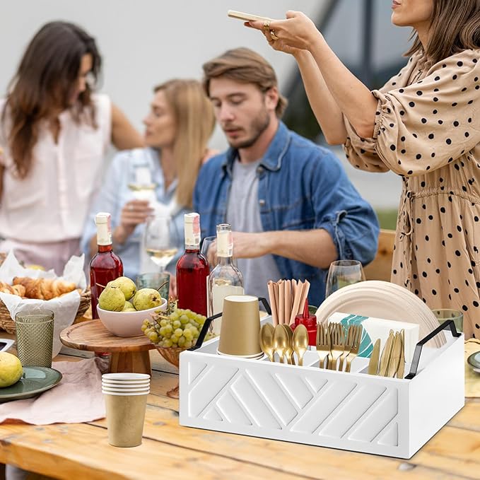 Paper Plate Dispenser and Holder for Kitchen Counter, Wood Rustic Silverware Utensil Caddy, Cutlery Flatware Organizer Box for Cups Spoons Forks Napkins, Kitchen Accessories (White)