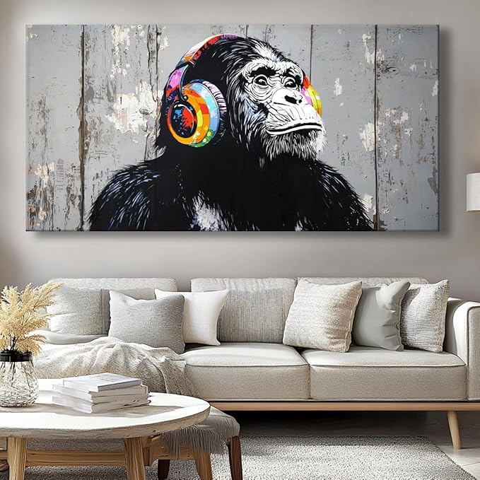 Wall Art Graffiti Gorilla Abstract Canvas Painting Textured Picture, Modern Landscape Artwork Framed for Living Room Bedroom Bathroom Office Home Decor 48x24in