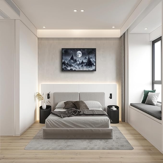 Olivine Mountain Large Wall Art, Moon Pictures Wall Decor, Nature Landscape Paintings, Night Mountains Canvas Prints, Framed Artwork for Dining Room Bedroom Living Room Office Bathroom Home 36"x24"