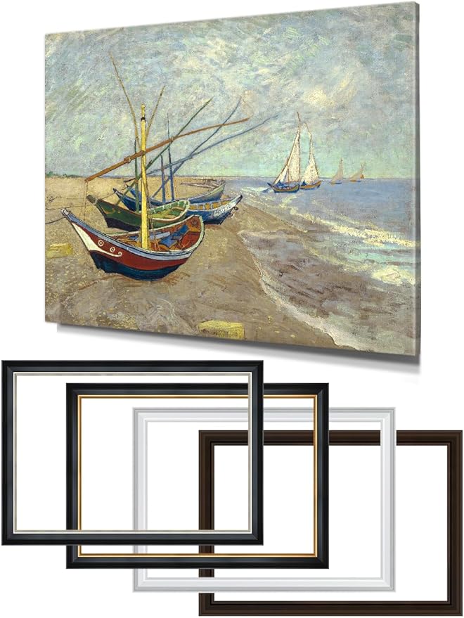 DECORARTS - Boats At Saintes Maire by Vincent Van Gogh Art Reproduction. Oversize Solid Wooden Frame Matching with Giclee Prints Canvas Wall Art. Total framed size: 43x35