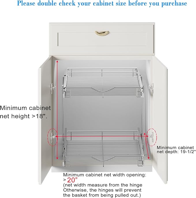 DINDON 2 Tier Pull Out Cabinet Organizer (20" W X 18" D), Double Tier Wire Basket Slide Out Shelf Storage for Kitchen Base Cabinet Organization for Kitchen, Pantry, Bathroom, Chrome
