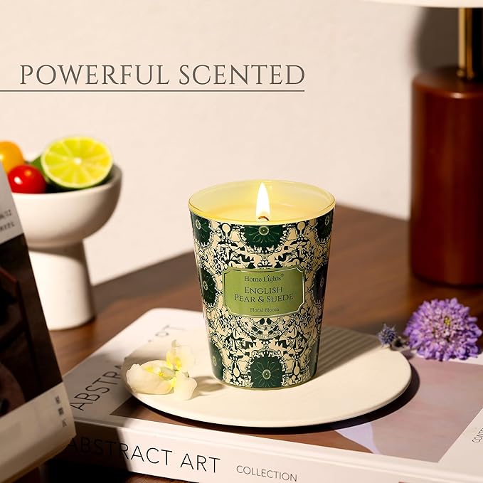 HomeLights Soy Wax Candles for Home Scented, 1-Wick Candles in English Pear & Suede Scented, Aromatherapy Candles Gift for Parties, Relaxing, Bohemian Natural Textures, 6.7oz