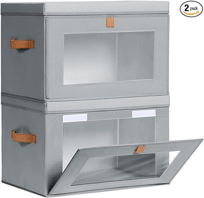 Large Closet Storage Organizer - Clothes Storage Bins with Handles & Window, Collapsible Decorative Boxes with Lids, Fabric Containers for Living Room, Dorm, 2 Pack, Grey