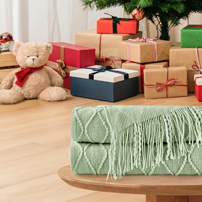 inhand Sage Green Throw Blanket for Couch, Soft Living Room Home Decor Knitted Twin Size Blanket, Outdoor Lightweight Breathable Summer Blanket, Farmhouse Warm Woven Decorative, 60"x80"