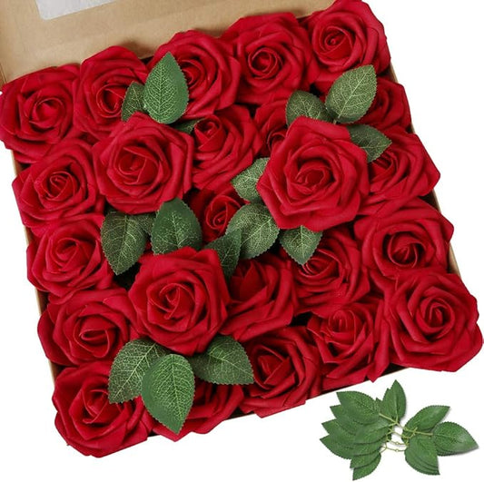 AmyHomie Artificial Flowers Dark Red Rose 50pcs Real Looking Fake Roses w/Stem for DIY Wedding Bouquets Centerpieces Arrangements Party Baby Shower Home Decorations