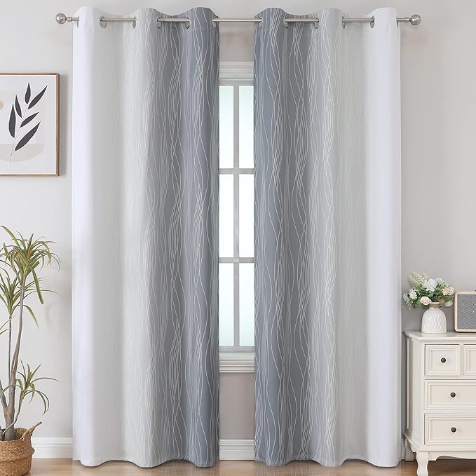 Estelar Textiler Full Room Darkening Greyish White and Grey Blackout Curtains 84 Inch Length 2 Panels Set, Ombre Thermal Insulated Full Light Blocking Grommet Gray Blackout Drapes for Bedroom, 42Wx84L