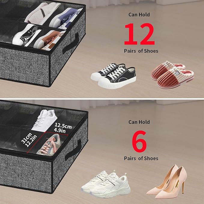 Onlyeasy Under Bed Shoe Storage Organizer with Sturdy Handles and Clear Window 1 Pack Fits 12 Pairs, Premium Foldable Underbed Shoes Container Box for Closet, Linen-like Black, MXAUBSB1P