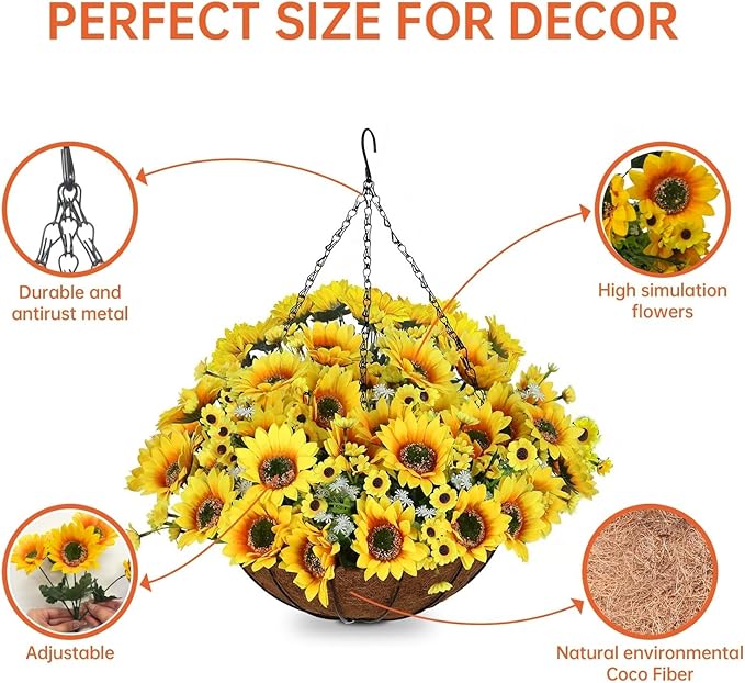 Artificial Hanging Flowers Basket, Fake Plants, Faux Silk Sunflower, for Spring Summer Outdoor Decoration, UV Resistant, Coconut Planter, Look Real for Patio Garden Yard Decor