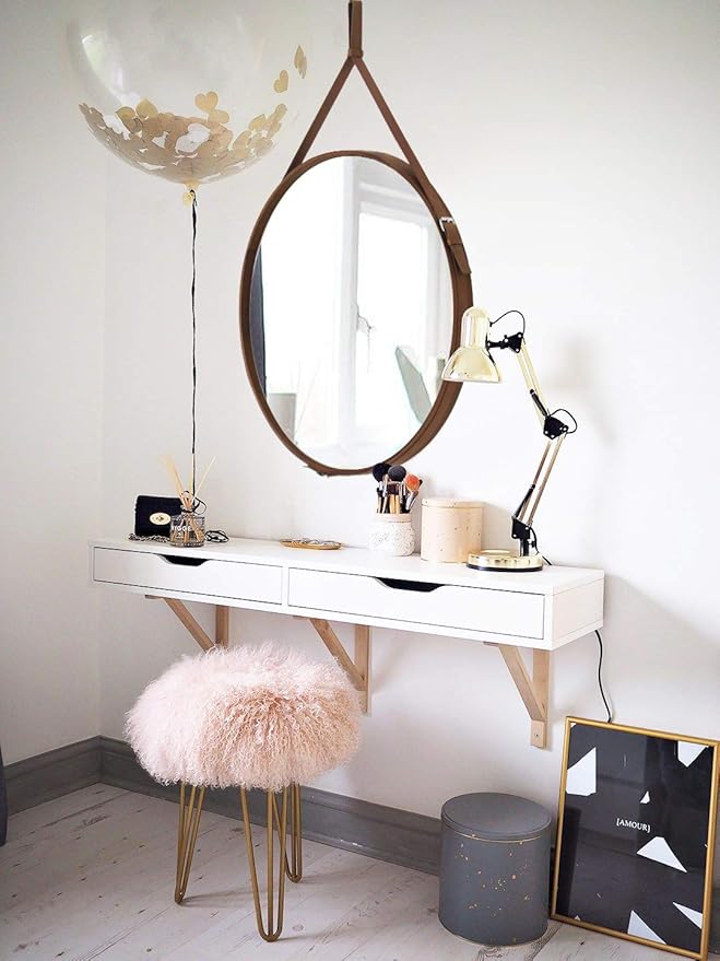 HofferRuffer Round Wall Mirror Decorative Mirror, Hanging Mirror with Hanging Strap Silver Hardware Hooker/Hanger (Brown, 20'')