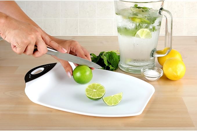Dexas Chop & Scoop Cutting Board, 9.5 by 13 inches, White with Black Handle
