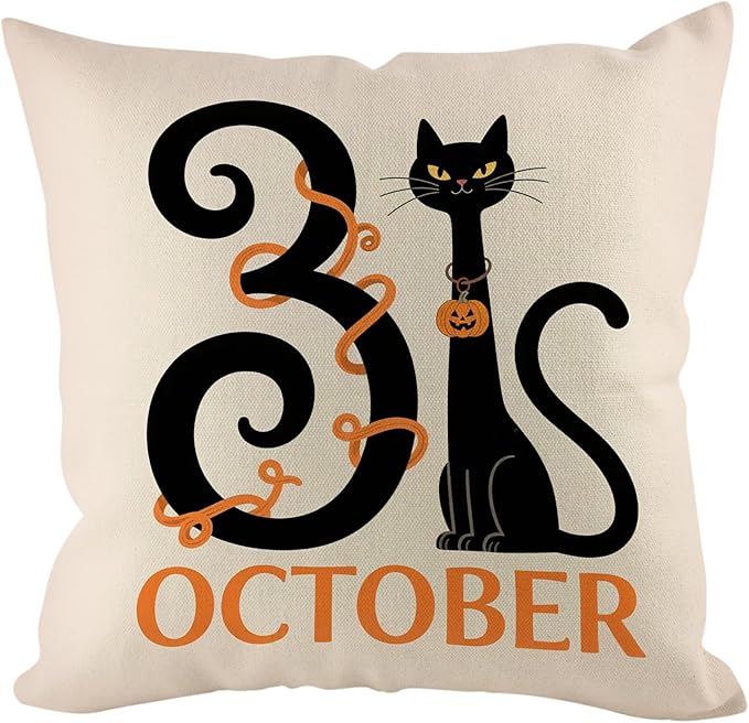 Halloween Pillow Covers 20x20 inch Set of 4, Linen Outdoor Farmhouse Cute Ghost Vintage Cat Skull Spooky Trick or Treat Party Supplies Black and White Decorations for Sofa Couch