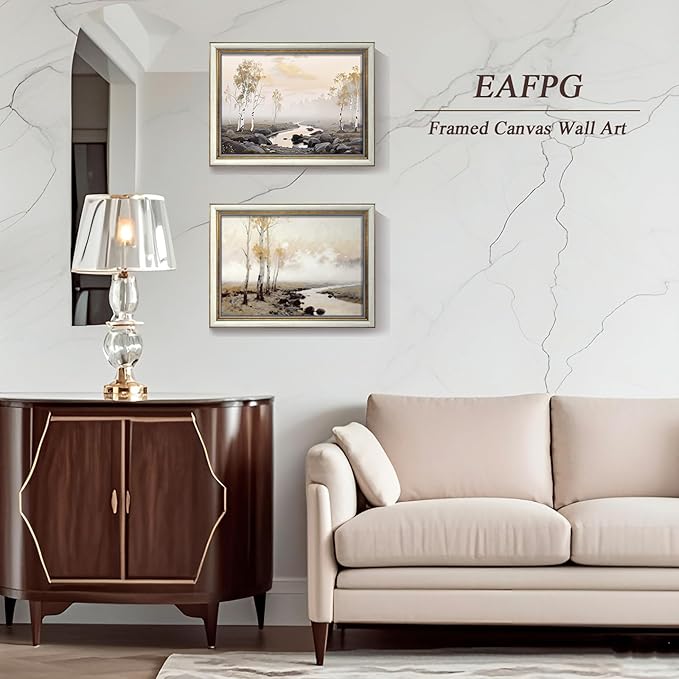 EAFPG Textured Gel Finish Gold Framed Vintage Wall Art for Bathroom, Autumn Landscape Canvas Prints for Living Room, Bedroom & Kitchen, Aesthetic Paintings for Office, Rustic Wall Decor, 12"x16"