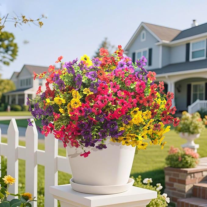 16 Packs Artificial Flowers - Fake Plastic Plants Faux Eucalyptus & Boxwood Greenery | Indoor Outdoor Home Garden Patio Porch Decoration(Mixed Color)