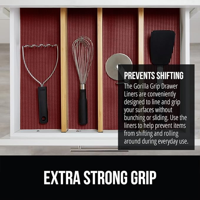 GORILLA GRIP powerGRIP Drawer Shelf and Cabinet Liner, Thick Strong Hold, Non-Adhesive Liners Protect Kitchen Cabinets and Cupboard, Bathroom Drawers, Easy Install, Breathable Mat, 20" x30', Red