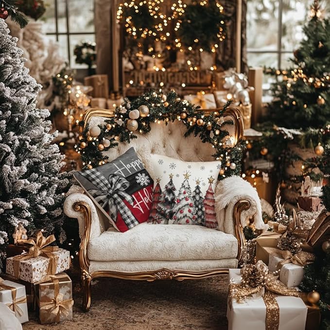 GEEORY Christmas Throw Pillow Covers 18 x 18 Inch Set of 4, Xmas Trees Merry and Bright Happy Holidays Farmhouse Decorative Cushion Cases for Home Decoration G418N-18
