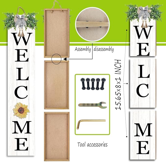 Interchangeable Outdoor Welcome Sign for Front Porch Standing 47"×8" Set of 3 Large Wood Frame with 12 Pcs Icons Vertical Tall Leaner Outside Welcome Sign for Front Door Decor (White)