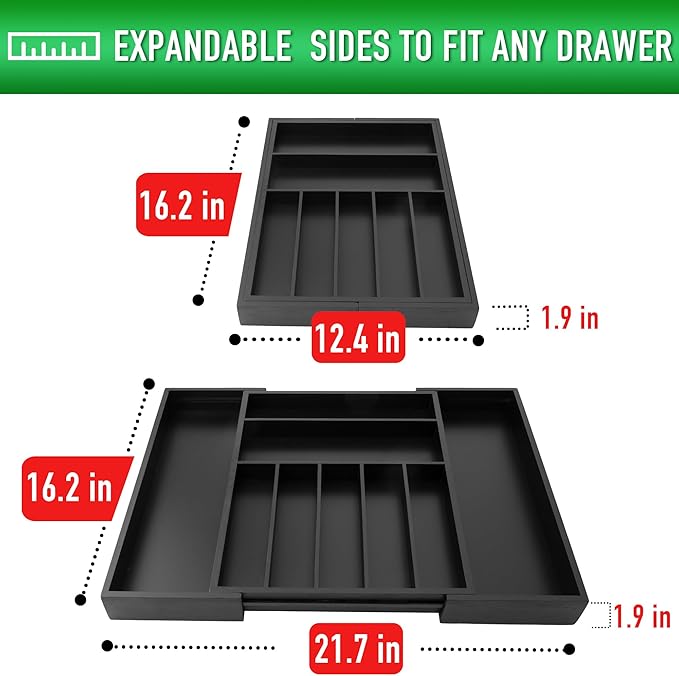 Expandable Utensil Organizer Silverware Organizer for Kitchen Adjustable Utensils Holder Bamboo Large Flatware Silverware Cutlery in Drawer (9 slot, Black