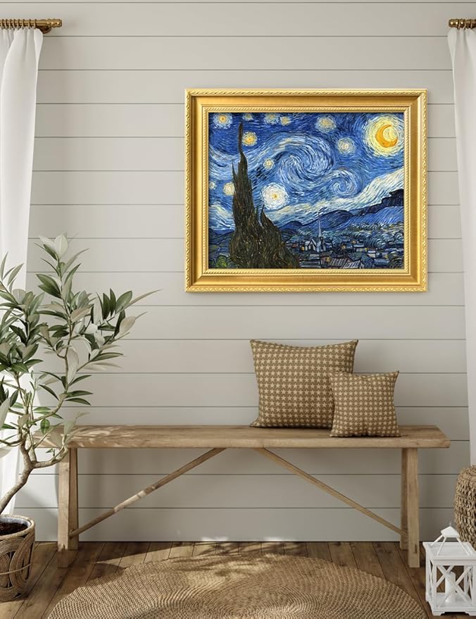 DECORARTS - Starry Night by Vincent Van Gogh. Giclee Print on Acid-Free Canvas in Gold Solid Wood Frame. Picture Size: 20x16, Total Size: 24.75x20.75, Made in USA
