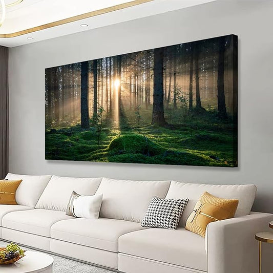 Sunrise Landscape Canvas Wall Art - 24x48 Inches - Tree and Forest Picture Artwork for Living Room and Bedroom Wall Decoration - Nature Painting Prints for a Serene Atmosphere