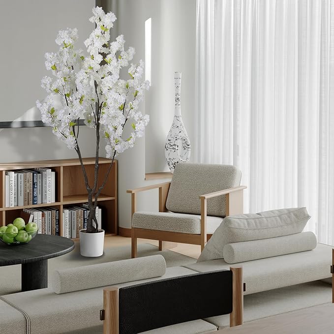 Artificial White Cherry Blossom Tree 6ft(72in) Faux White Flower Tree Indoor Decor Handmade Natural Fake Cherry Tree for Wedding Realistic Cherry Blossom Plant in Pot for Home,Living Room,Office Decor